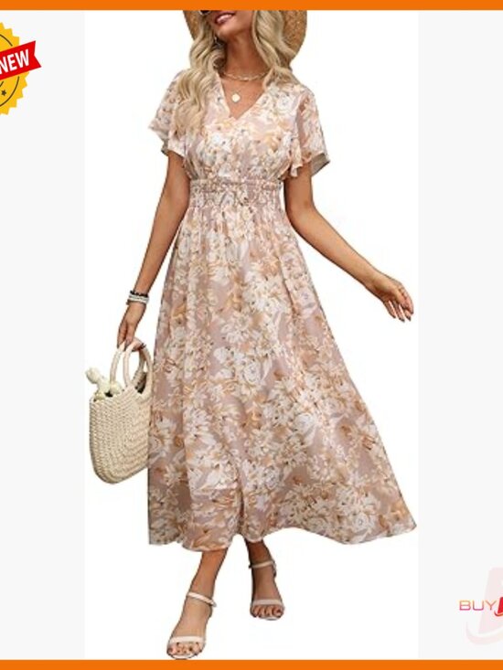 Dresses & Skirts - Summer Floral Maxi Dress V Neck Short Sleeve Chiffon Boho Beach Wedding Guest